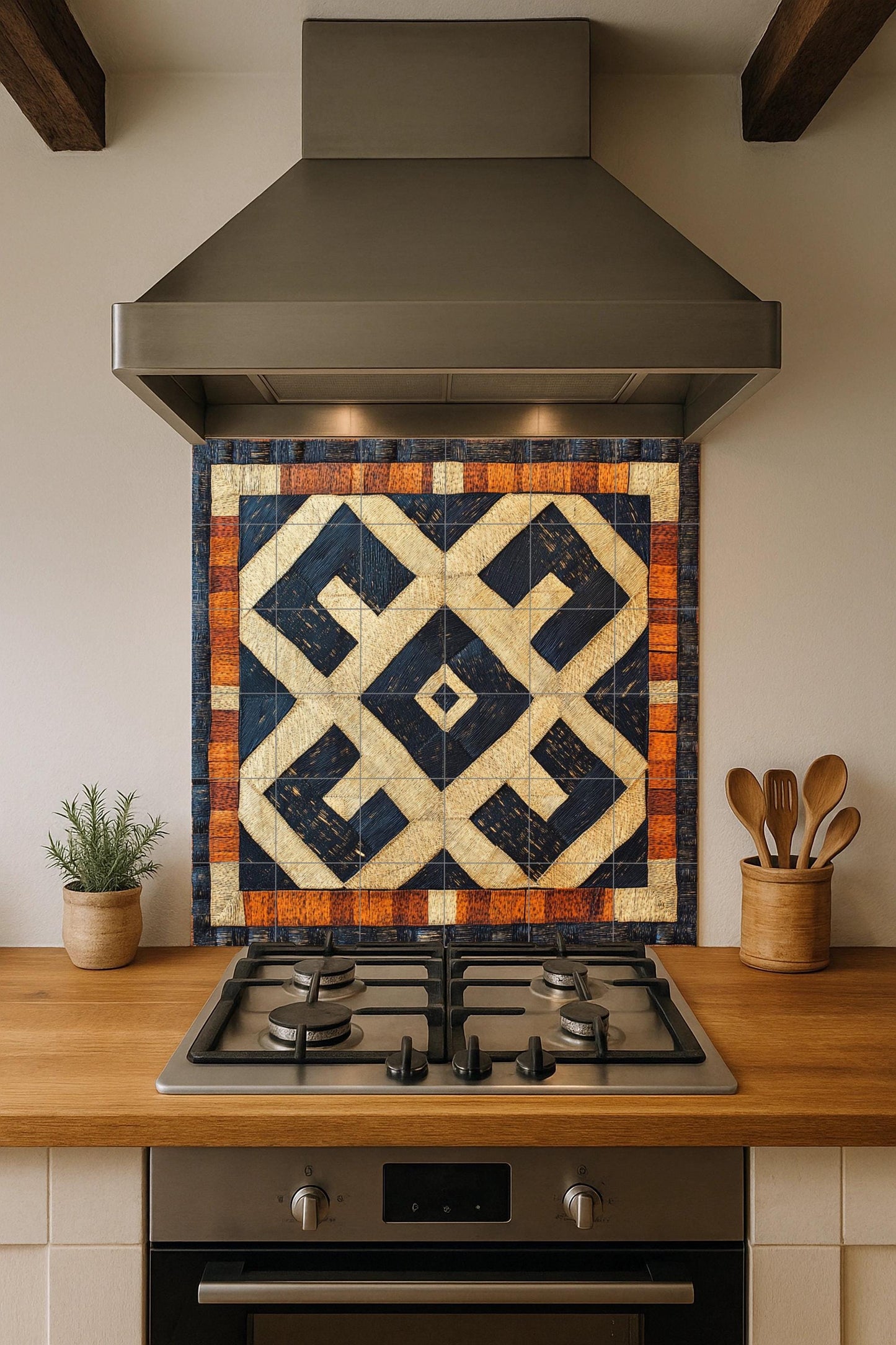 Congolese Kuba ceramic mural: Tribal-inspired tile artwork in raffia with striking geometric patterns and African heritage mural art.