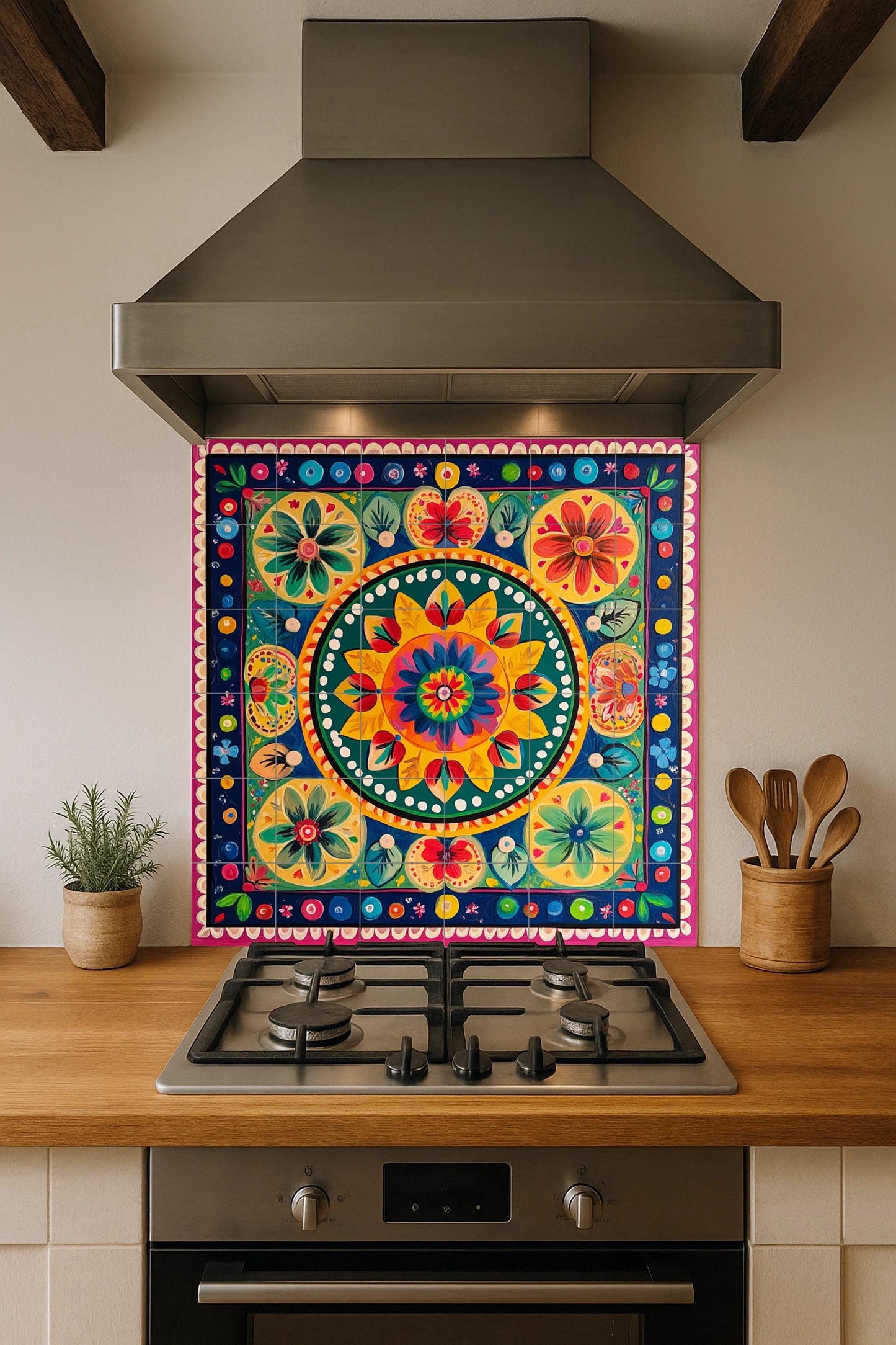 Costa Rican cart ceramic mural: colorful folk painting with radial floral motifs, tropical decorative tile panel in symmetrical style.
