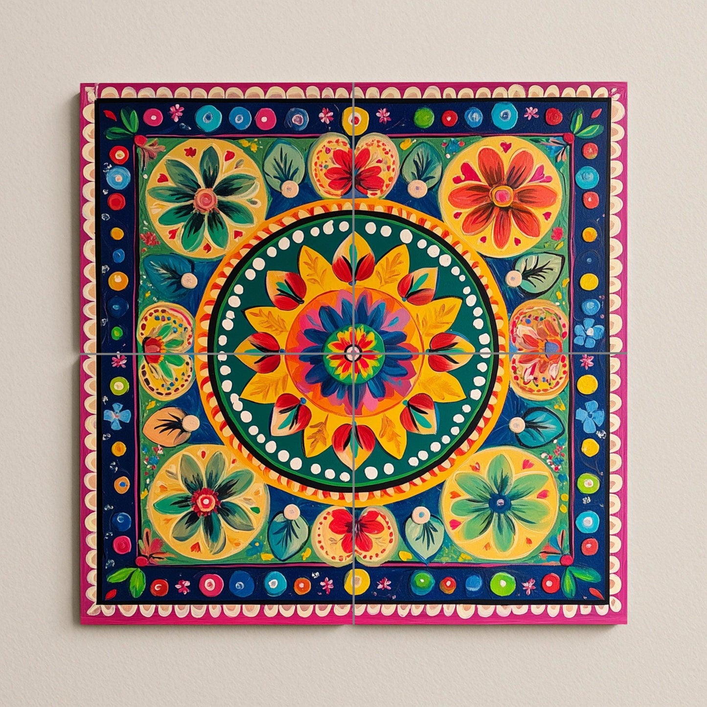 Costa Rican cart ceramic mural: colorful folk painting with radial floral motifs, tropical decorative tile panel in symmetrical style.