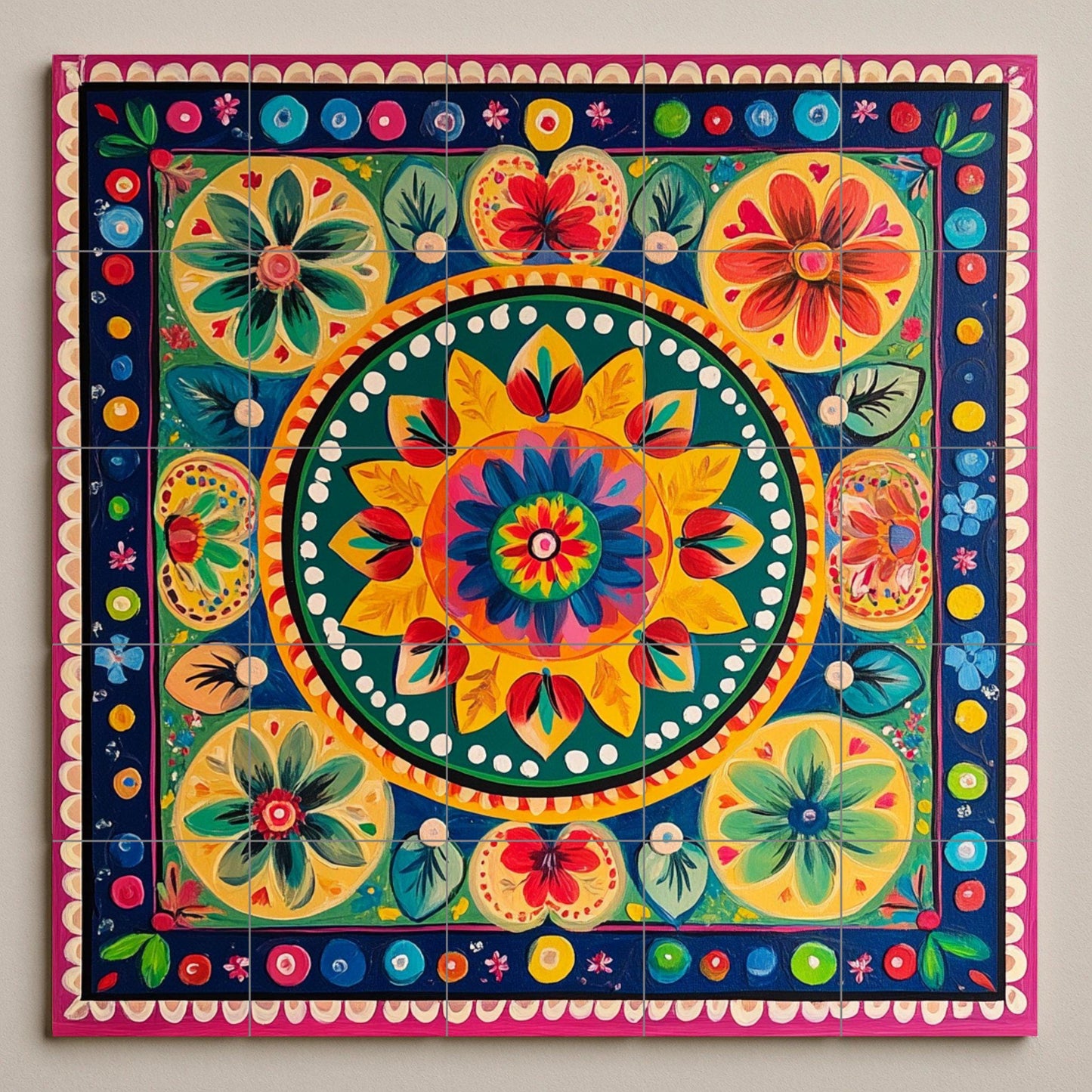 Costa Rican cart ceramic mural: colorful folk painting with radial floral motifs, tropical decorative tile panel in symmetrical style.