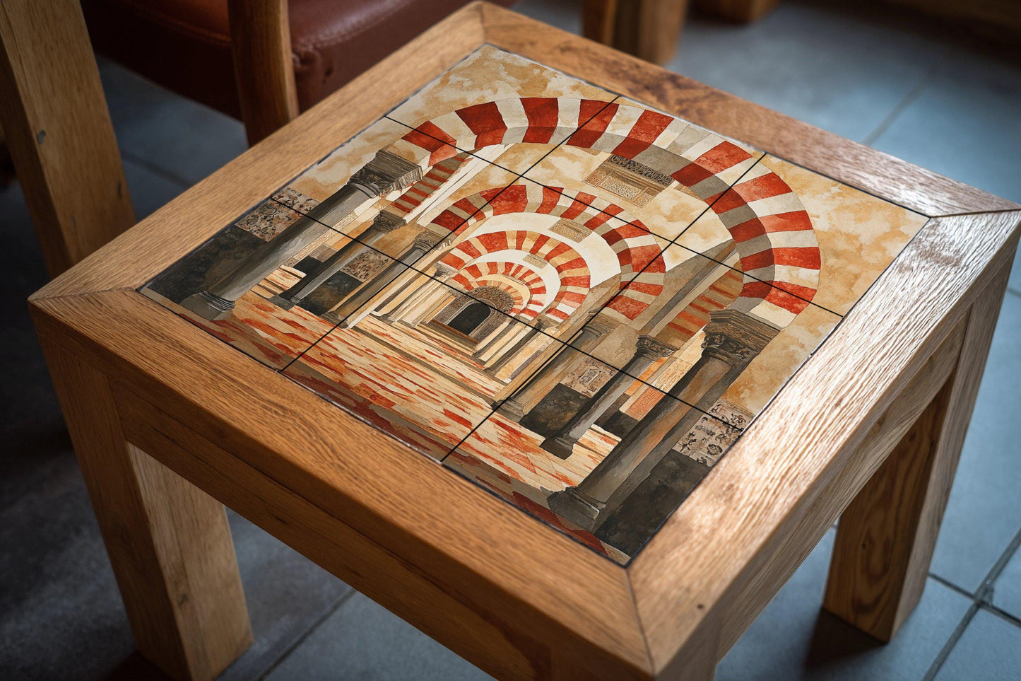 Cordoban ceramic mural: Red and white arches of the Mosque, Andalusian architectural tile work, historical decorative mural art.