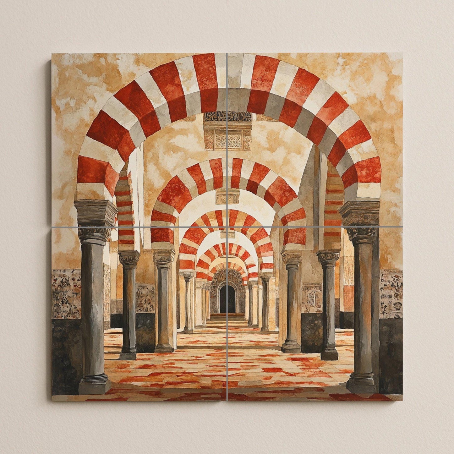 Cordoban ceramic mural: Red and white arches of the Mosque, Andalusian architectural tile work, historical decorative mural art.