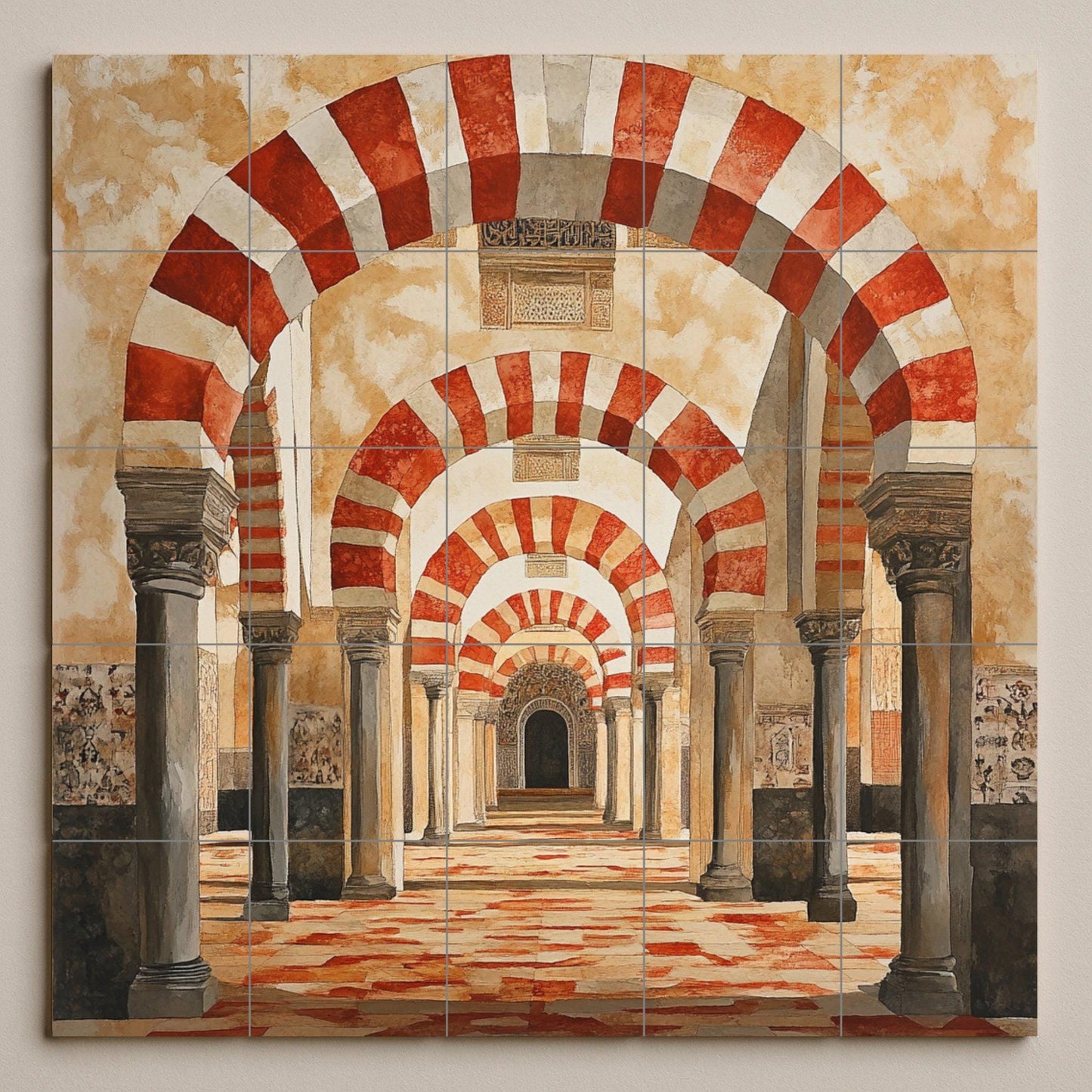 Cordoban ceramic mural: Red and white arches of the Mosque, Andalusian architectural tile work, historical decorative mural art.
