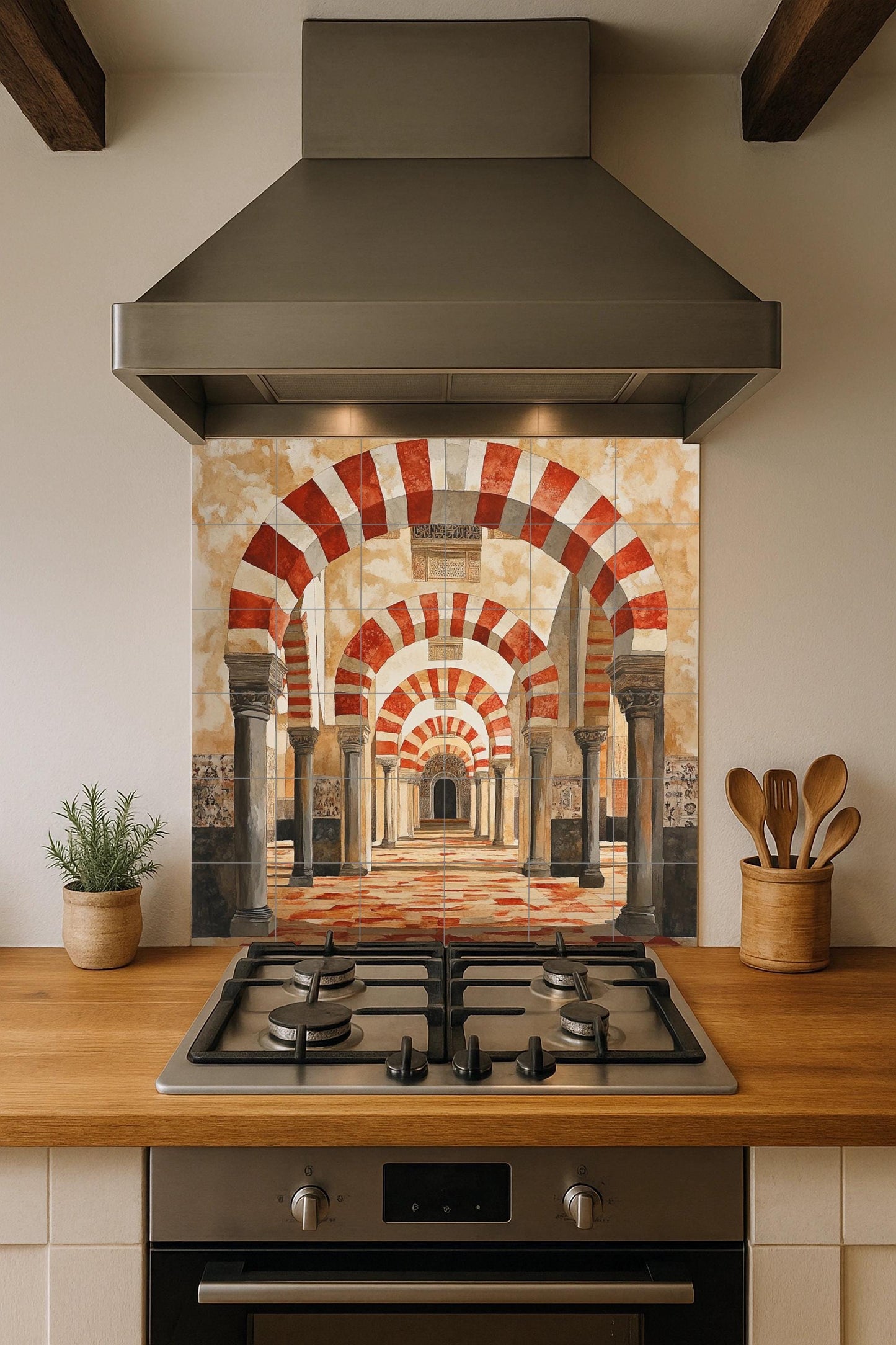 Cordoban ceramic mural: Red and white arches of the Mosque, Andalusian architectural tile work, historical decorative mural art.