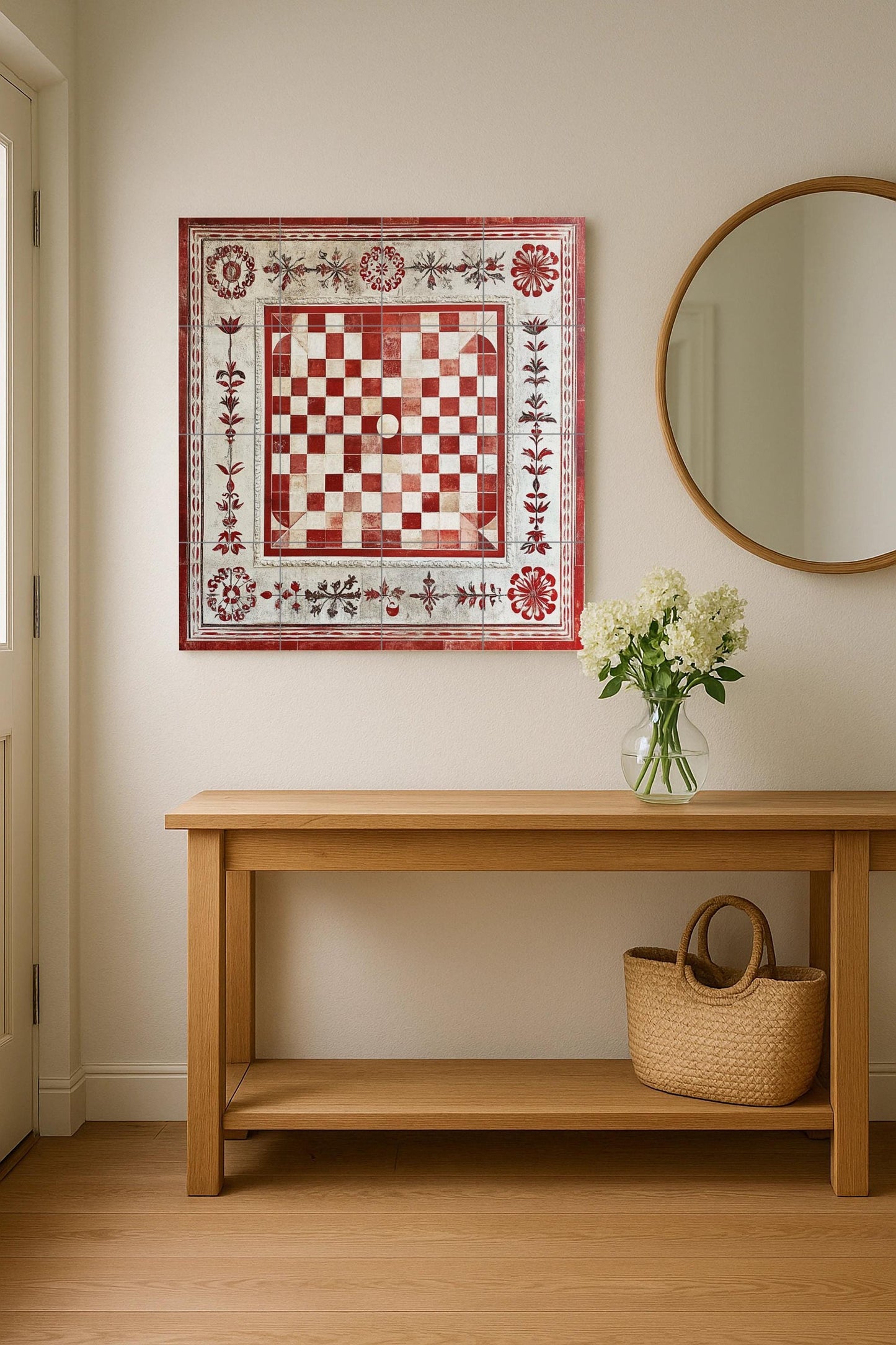 Ceramic mural of Croatian paintings: artwork in traditional red and white tiles with floral border, decorative wall panel inspired by historical folklore.
