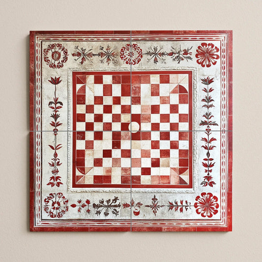 Ceramic mural of Croatian paintings: artwork in traditional red and white tiles with floral border, decorative wall panel inspired by historical folklore.