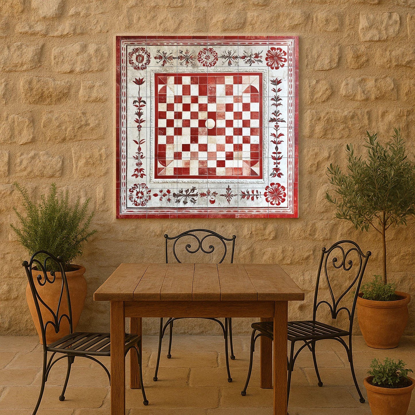 Ceramic mural of Croatian paintings: artwork in traditional red and white tiles with floral border, decorative wall panel inspired by historical folklore.