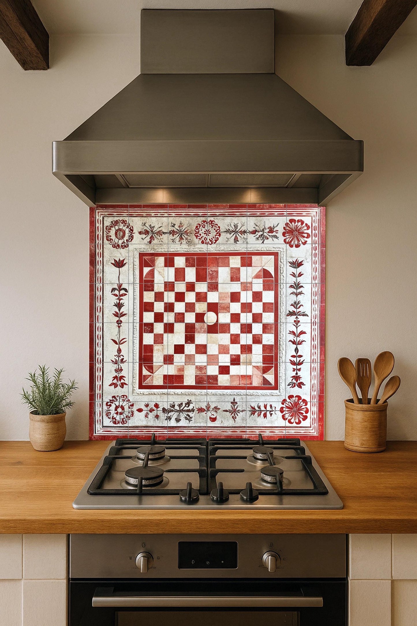 Ceramic mural of Croatian paintings: artwork in traditional red and white tiles with floral border, decorative wall panel inspired by historical folklore.