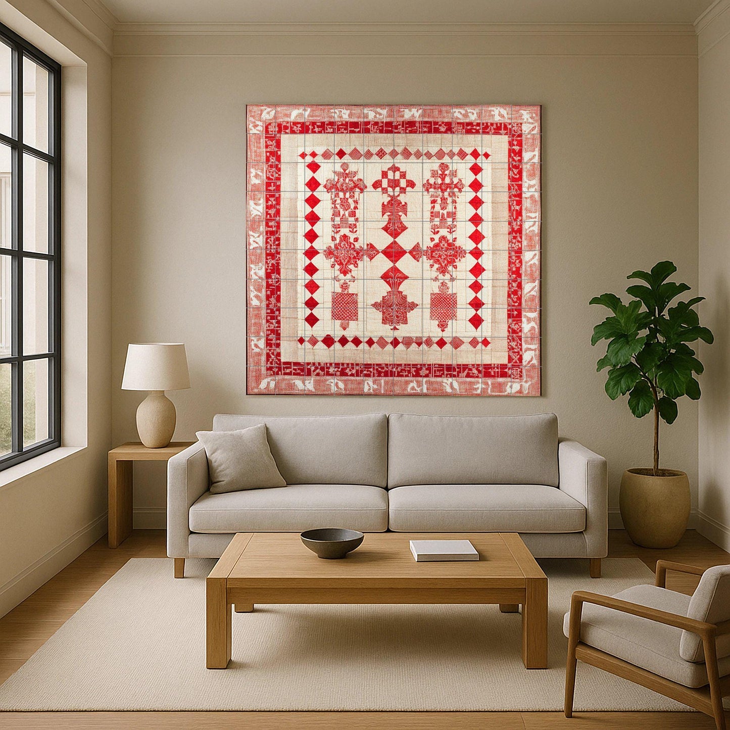 Croatian heraldic ceramic mural: historical design of red and white squares with crosses, medieval motifs and ornamental border.