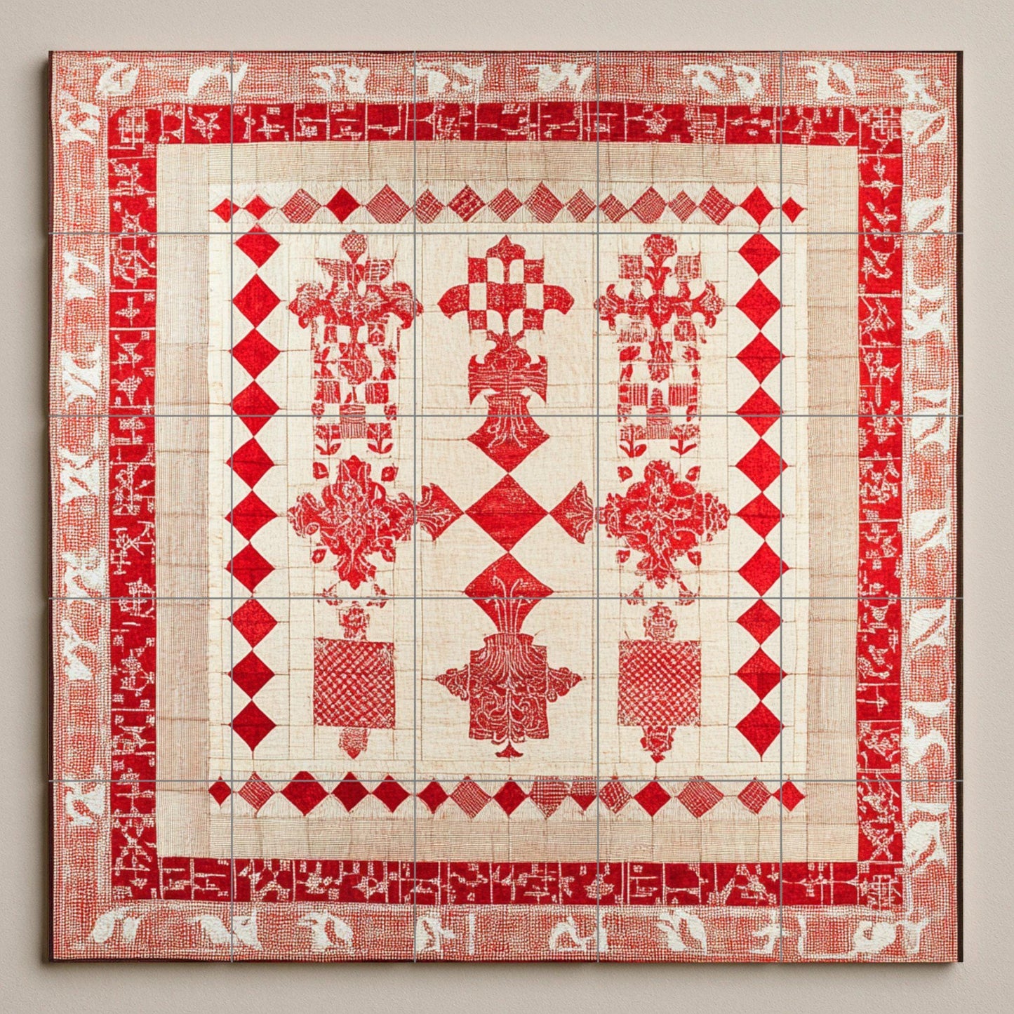 Croatian heraldic ceramic mural: historical design of red and white squares with crosses, medieval motifs and ornamental border.
