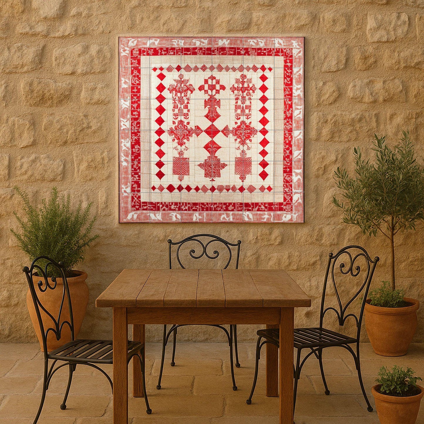 Croatian heraldic ceramic mural: historical design of red and white squares with crosses, medieval motifs and ornamental border.