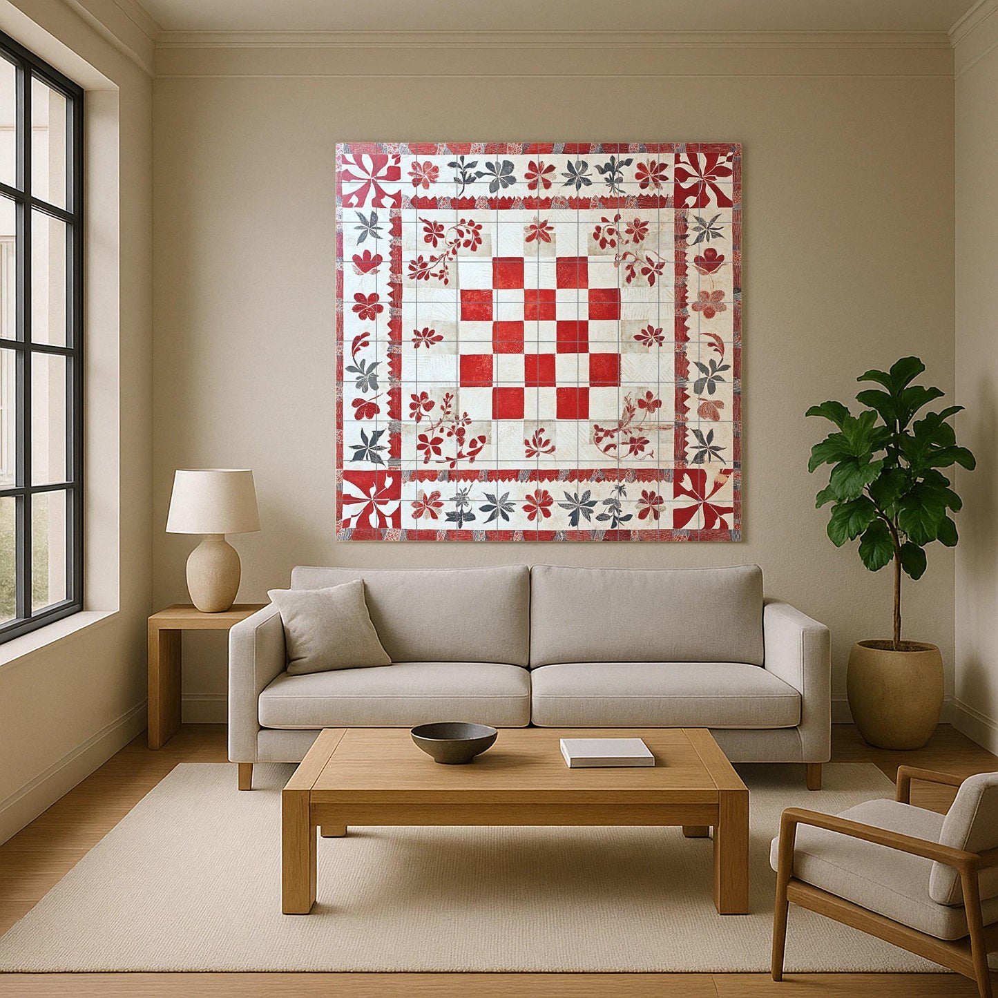 Croatian checkered ceramic mural: red and white Glagolitic-inspired tile artwork with floral border, coastal folk embroidery style wall art.