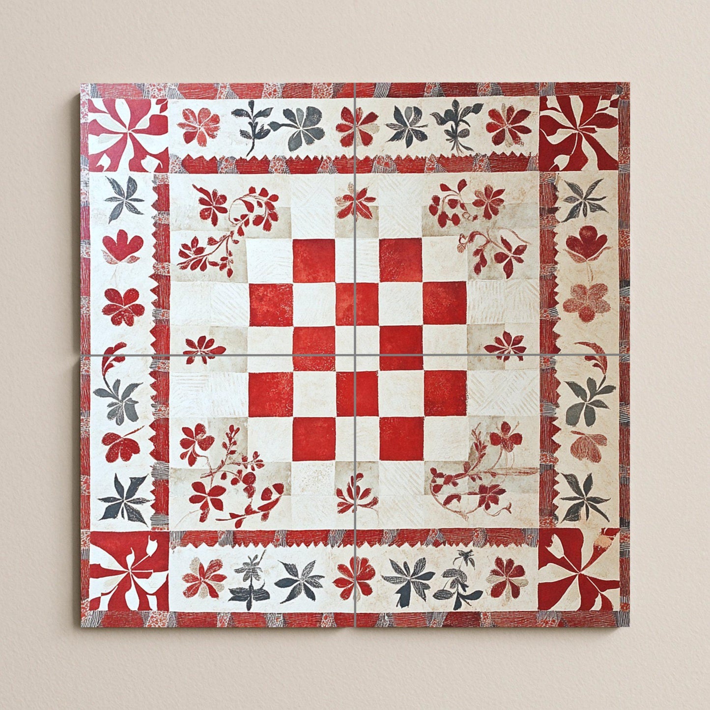 Croatian checkered ceramic mural: red and white Glagolitic-inspired tile artwork with floral border, coastal folk embroidery style wall art.