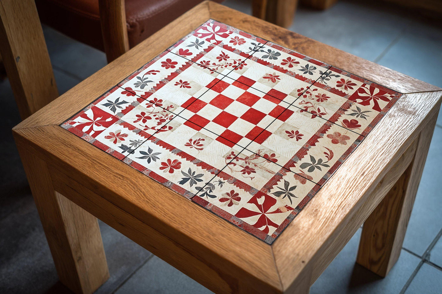 Croatian checkered ceramic mural: red and white Glagolitic-inspired tile artwork with floral border, coastal folk embroidery style wall art.