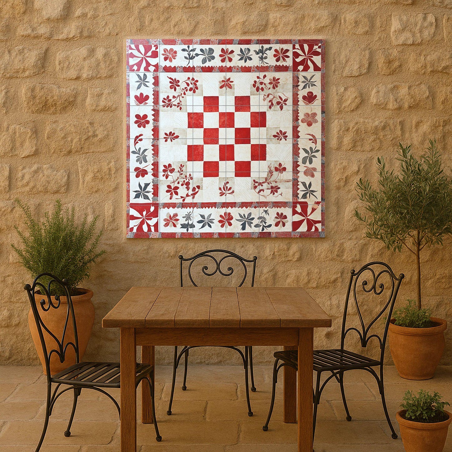 Croatian checkered ceramic mural: red and white Glagolitic-inspired tile artwork with floral border, coastal folk embroidery style wall art.