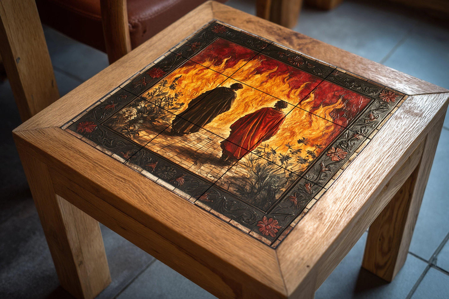 Ceramic mural of Dante and Virgil's Inferno: Gothic floral frame with flames and shadows, spectacular fresco-style tile artwork for collectors.