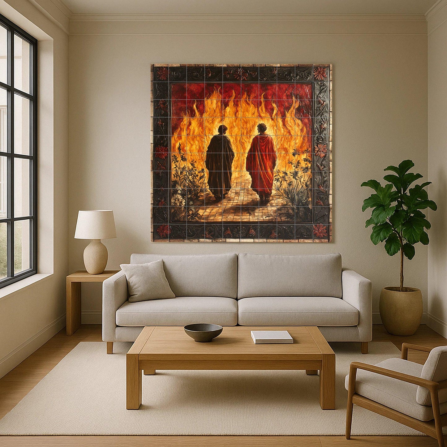 Ceramic mural of Dante and Virgil's Inferno: Gothic floral frame with flames and shadows, spectacular fresco-style tile artwork for collectors.
