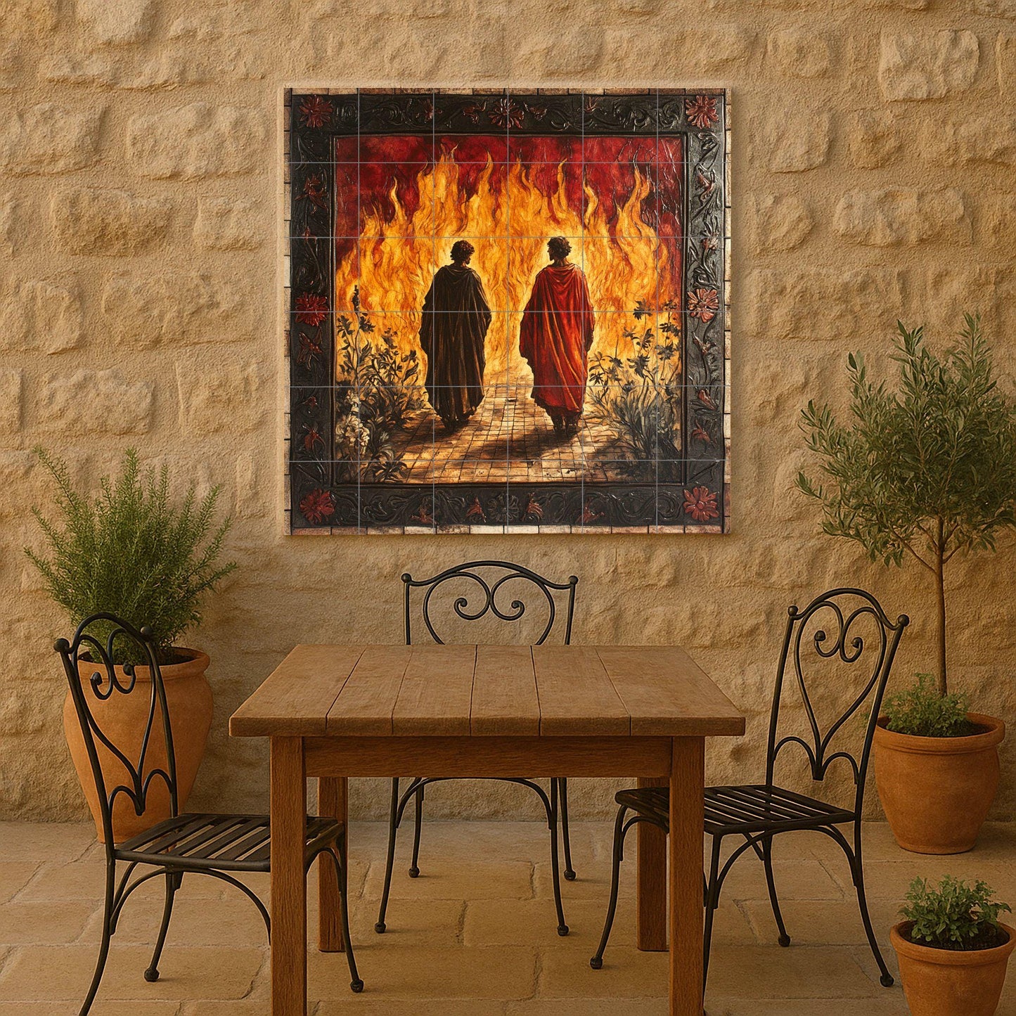Ceramic mural of Dante and Virgil's Inferno: Gothic floral frame with flames and shadows, spectacular fresco-style tile artwork for collectors.