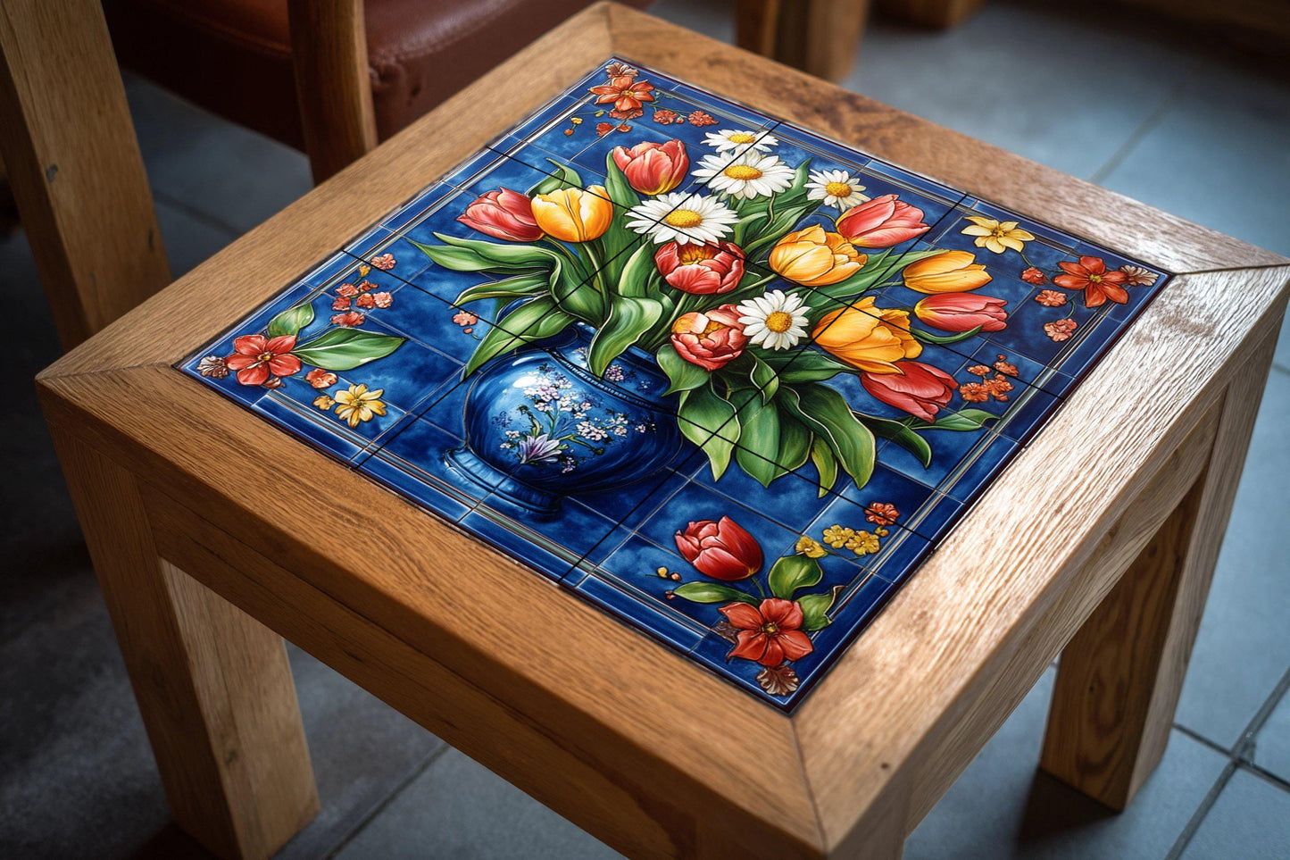 Ceramic mural of tulips and daisies: vibrant blue background with a colorful vase. Handmade decorative tile for elegant walls.
