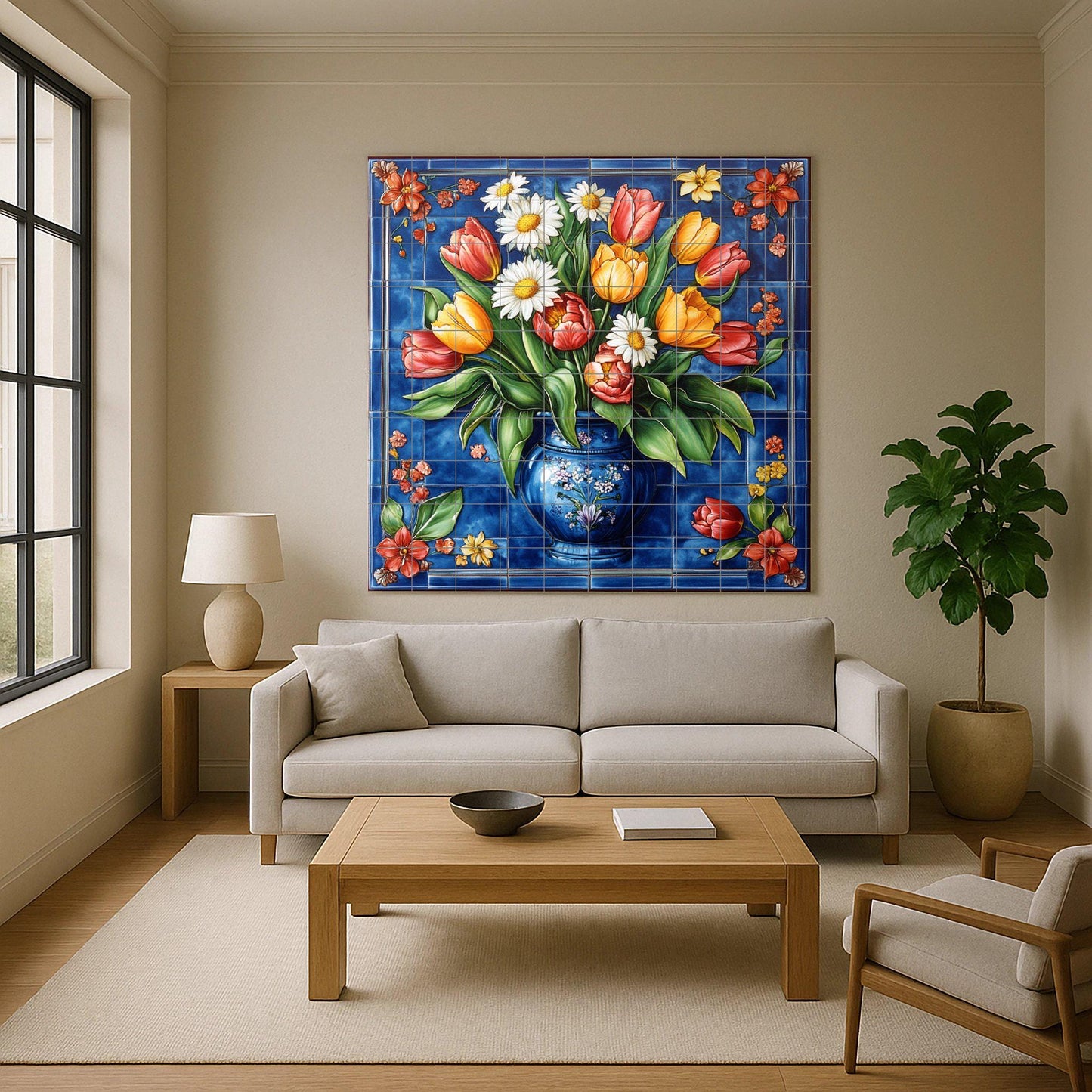 Ceramic mural of tulips and daisies: vibrant blue background with a colorful vase. Handmade decorative tile for elegant walls.