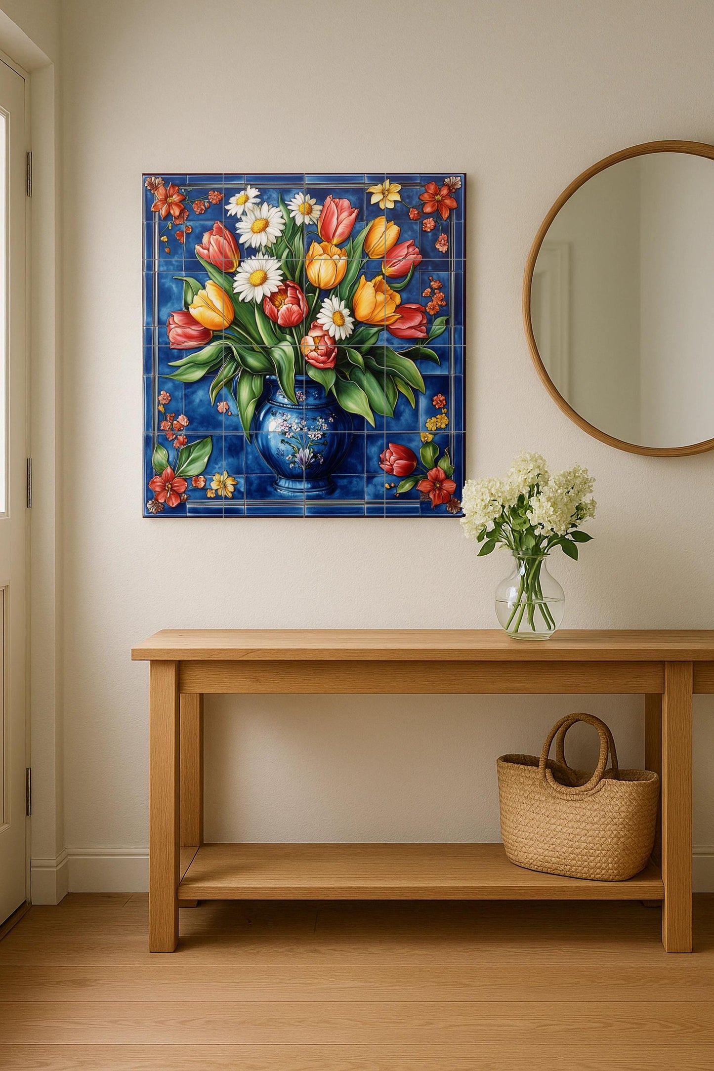 Ceramic mural of tulips and daisies: vibrant blue background with a colorful vase. Handmade decorative tile for elegant walls.
