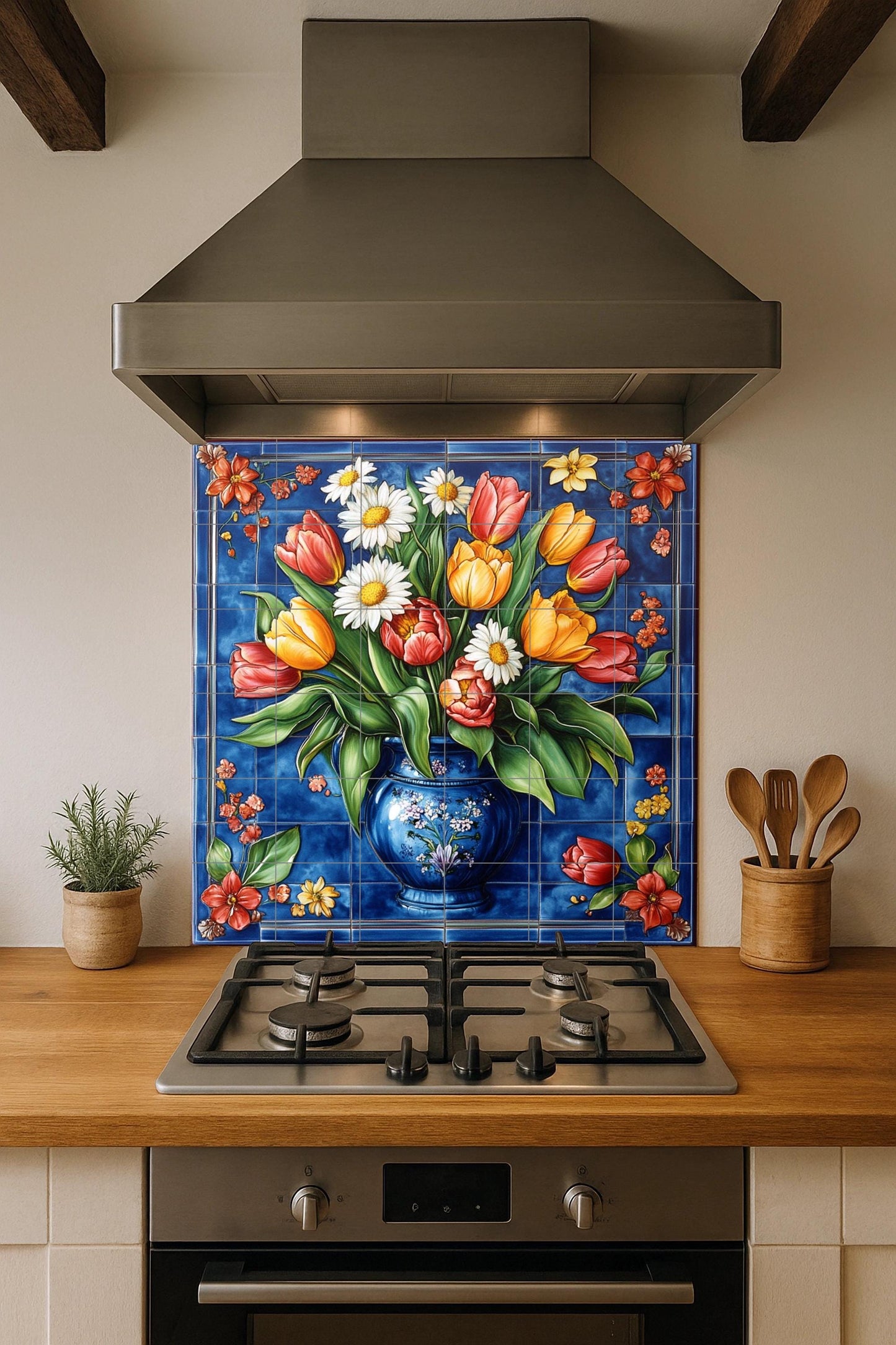Ceramic mural of tulips and daisies: vibrant blue background with a colorful vase. Handmade decorative tile for elegant walls.