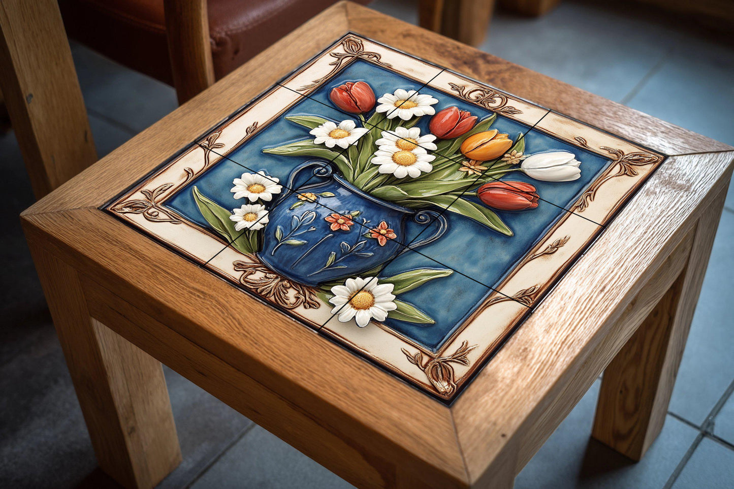 Ceramic mural of tulips and daisies: colorful floral bouquet in a blue vase, elegant decorative tile panel, handcrafted Mediterranean wall art.