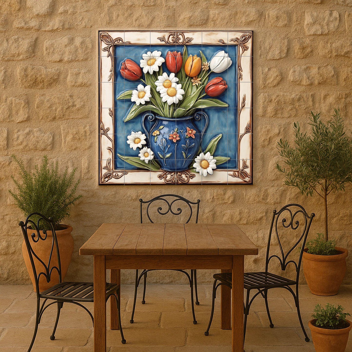 Ceramic mural of tulips and daisies: colorful floral bouquet in a blue vase, elegant decorative tile panel, handcrafted Mediterranean wall art.