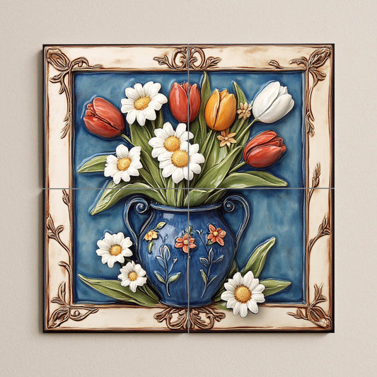Ceramic mural of tulips and daisies: colorful floral bouquet in a blue vase, elegant decorative tile panel, handcrafted Mediterranean wall art.