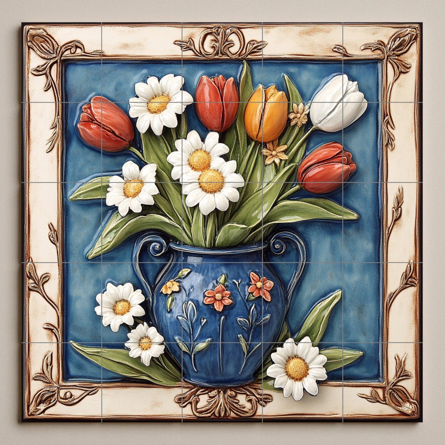 Ceramic mural of tulips and daisies: colorful floral bouquet in a blue vase, elegant decorative tile panel, handcrafted Mediterranean wall art.