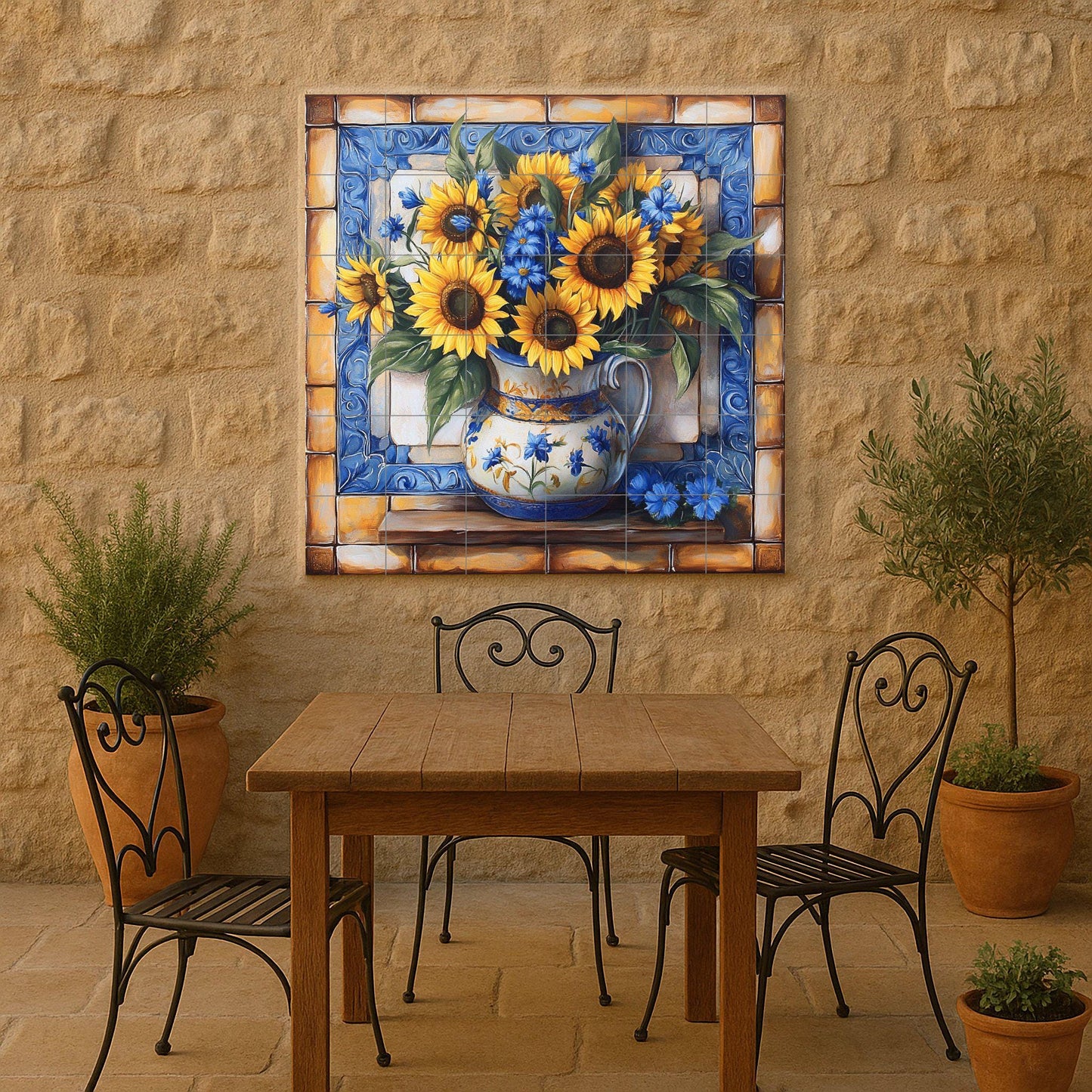 Ceramic sunflower mural: hand-painted tile panel with blue floral details, rustic vase artwork, Mediterranean decorative wall art.