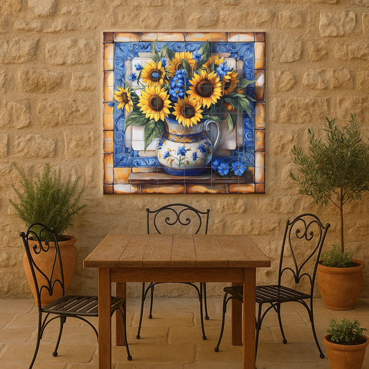 Ceramic sunflower mural: hand-painted tile panel with blue floral details, rustic vase artwork, Mediterranean decorative wall art.