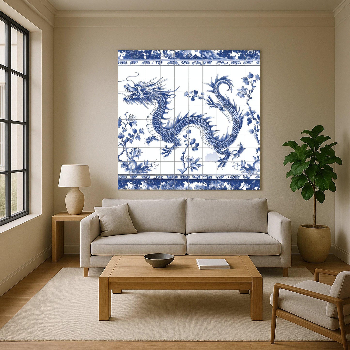 Chinese Blue Dragon Ceramic Mural: Oriental Porcelain Wall Art, Mythical Snake with Floral Motifs, Indigo Decorative Tiles
