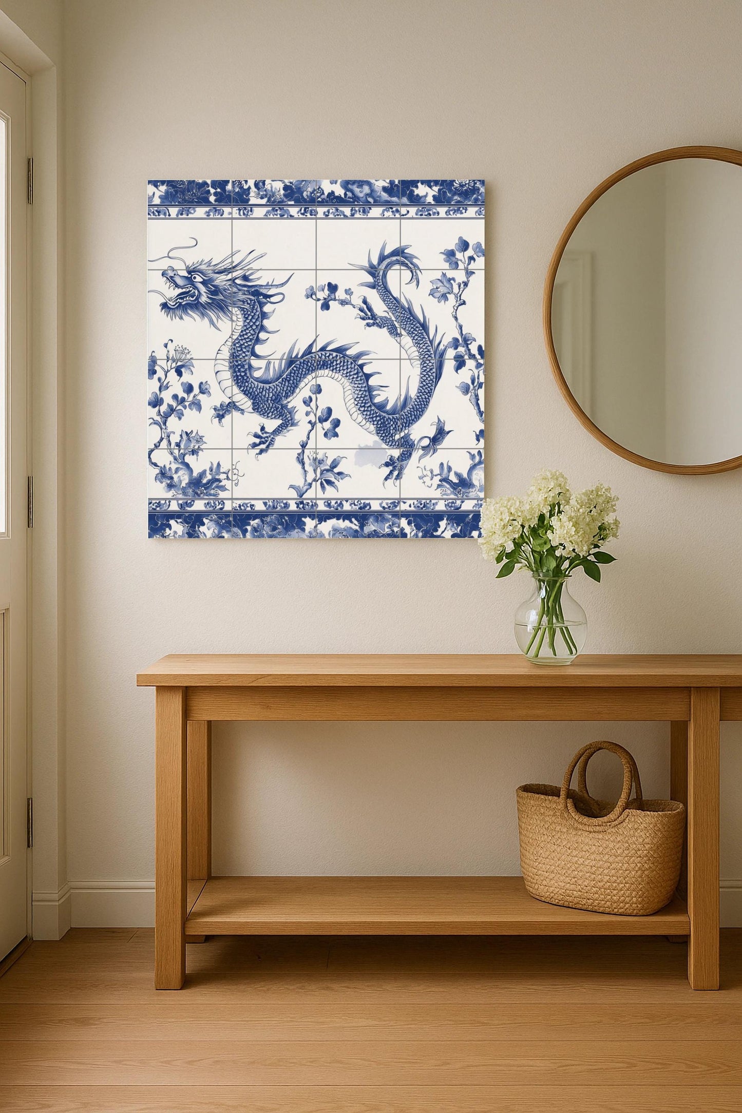 Chinese Blue Dragon Ceramic Mural: Oriental Porcelain Wall Art, Mythical Snake with Floral Motifs, Indigo Decorative Tiles