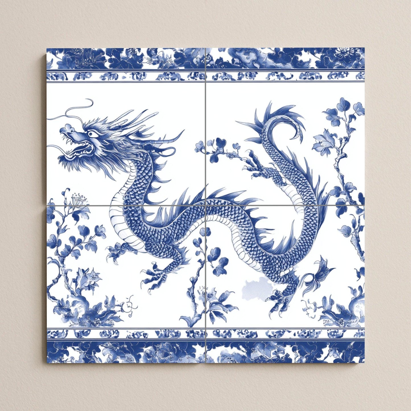 Chinese Blue Dragon Ceramic Mural: Oriental Porcelain Wall Art, Mythical Snake with Floral Motifs, Indigo Decorative Tiles