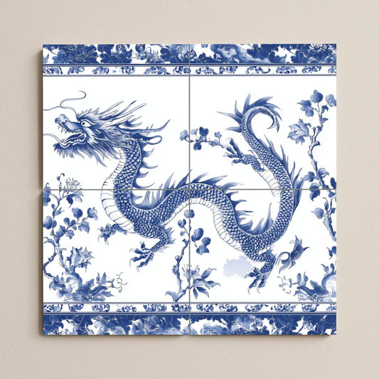 Chinese Blue Dragon Ceramic Mural: Oriental Porcelain Wall Art, Mythical Snake with Floral Motifs, Indigo Decorative Tiles