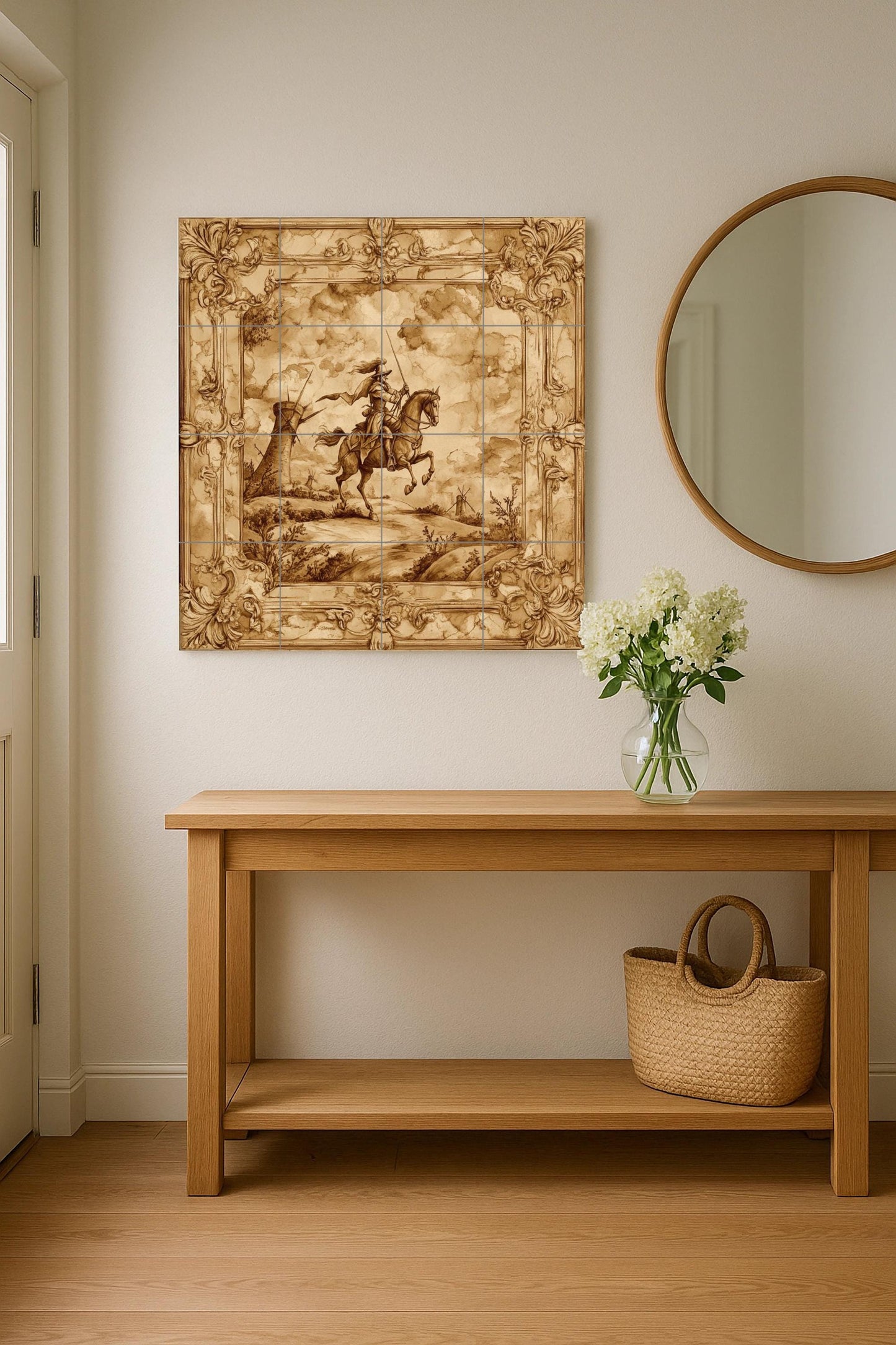 Sepia ceramic mural of Don Quixote: ornate baroque frame, windmill landscape, classic horseman artwork, vintage tile decoration