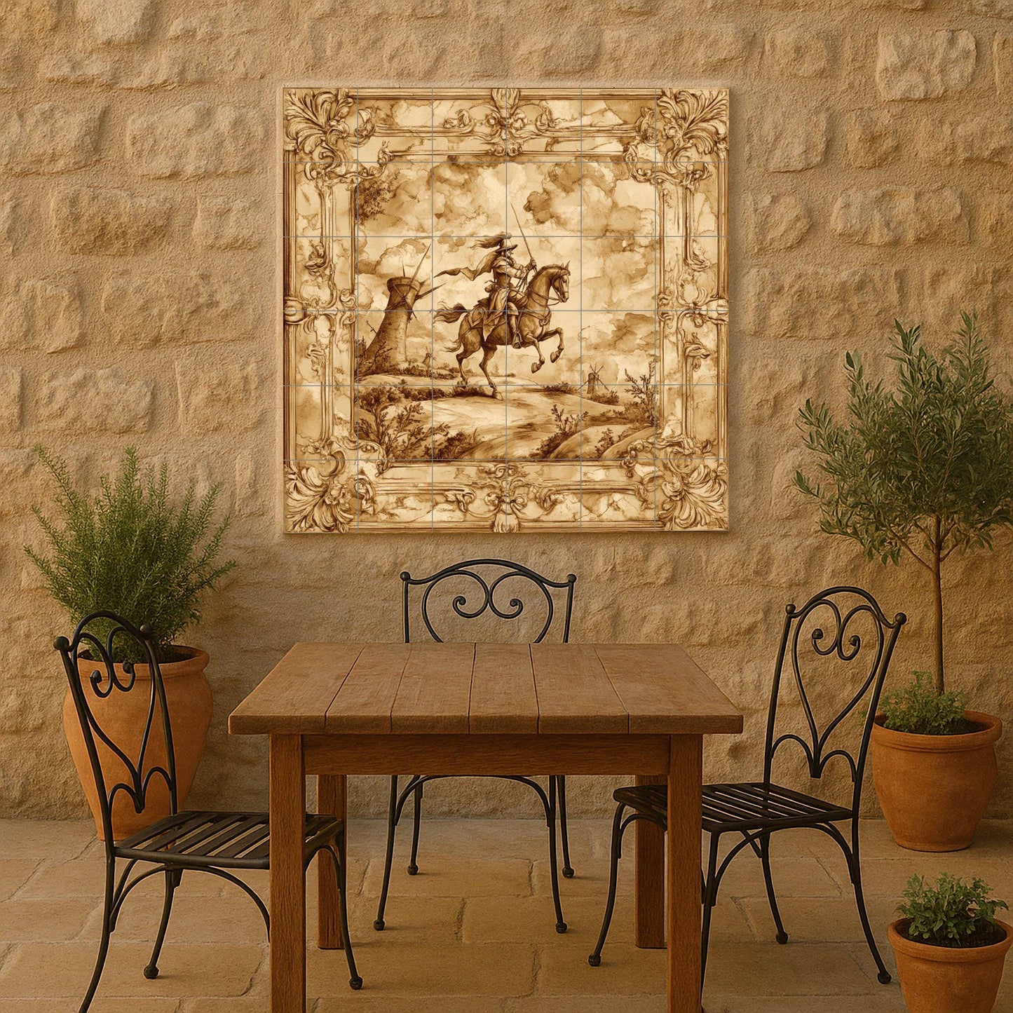 Sepia ceramic mural of Don Quixote: ornate baroque frame, windmill landscape, classic horseman artwork, vintage tile decoration