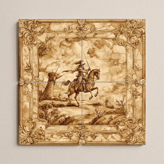 Sepia ceramic mural of Don Quixote: ornate baroque frame, windmill landscape, classic horseman artwork, vintage tile decoration