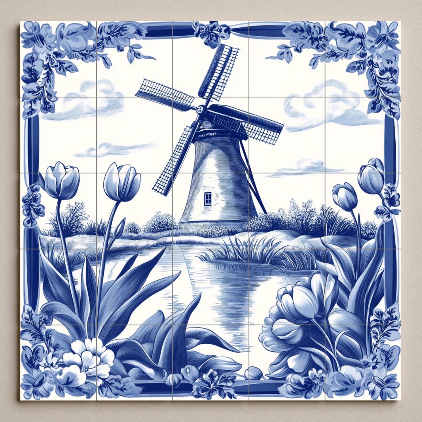 Dutch Delft blue ceramic mural: windmill and tulip scene with traditional floral borders