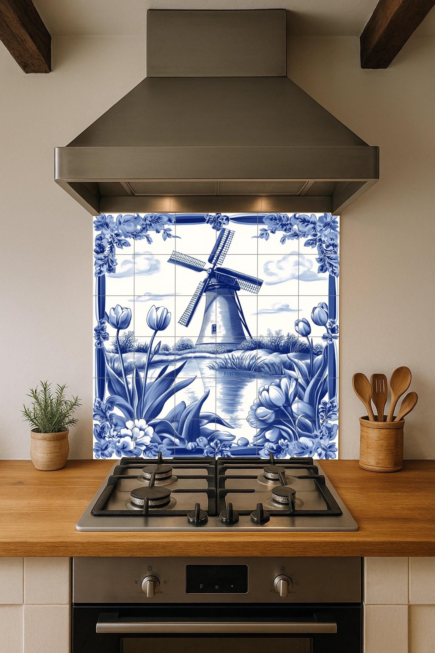 Dutch Delft blue ceramic mural: windmill and tulip scene with traditional floral borders