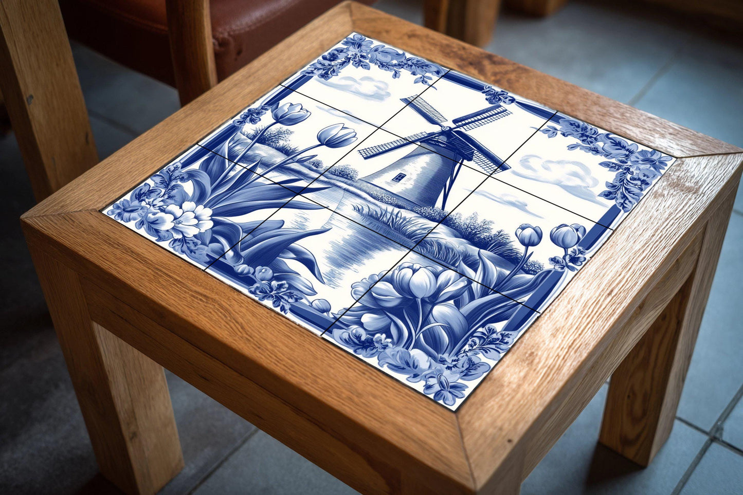 Dutch Delft blue ceramic mural: windmill and tulip scene with traditional floral borders