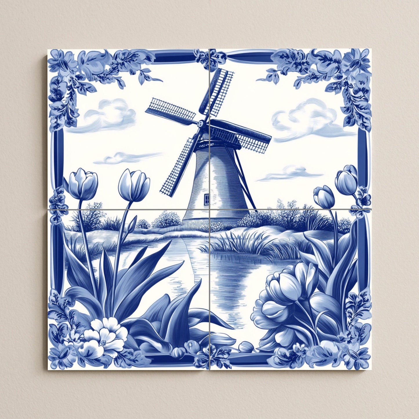 Dutch Delft blue ceramic mural: windmill and tulip scene with traditional floral borders