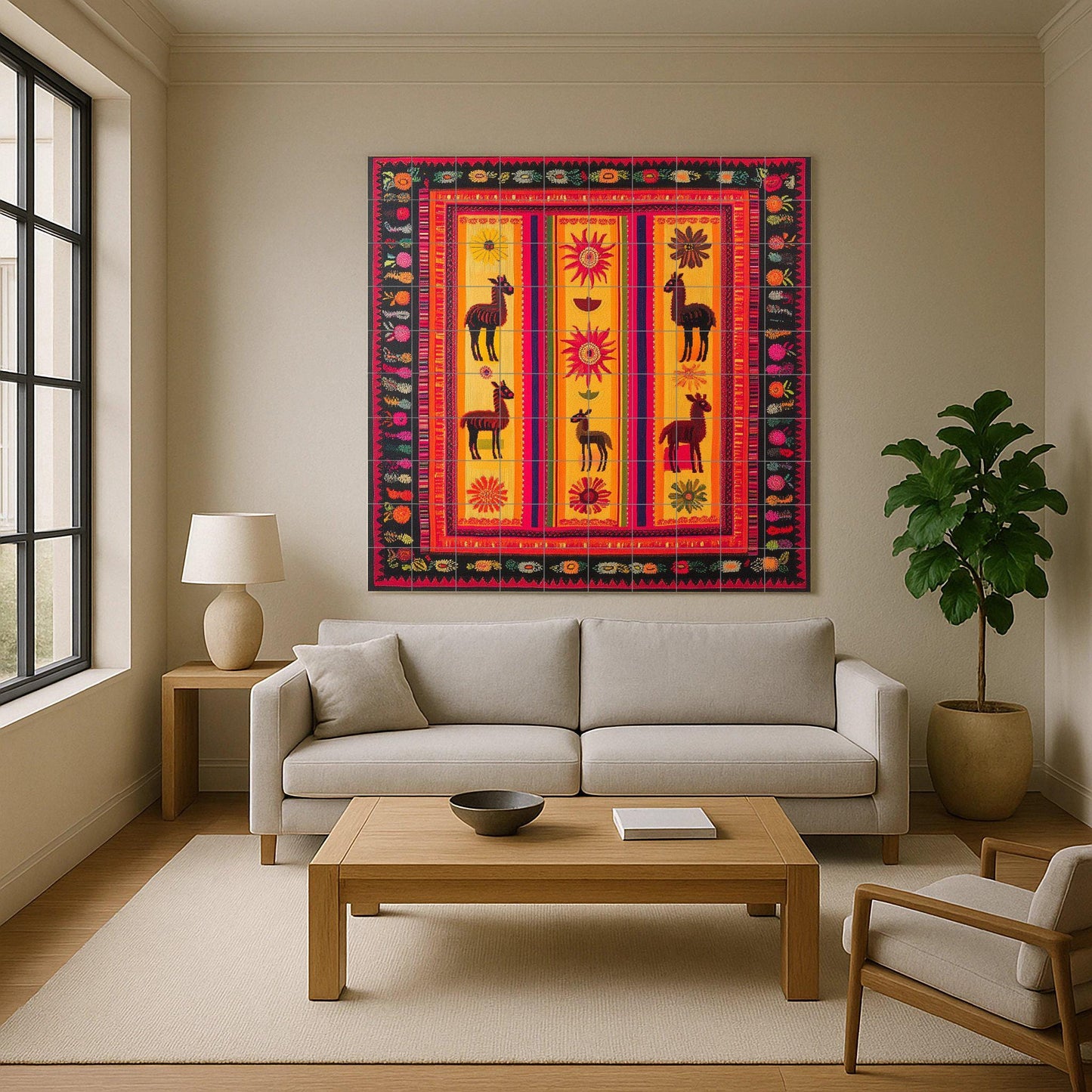 Ceramic mural of llamas and vibrant sun: Andean-inspired mural art in vibrant shades of red, orange, and gold.