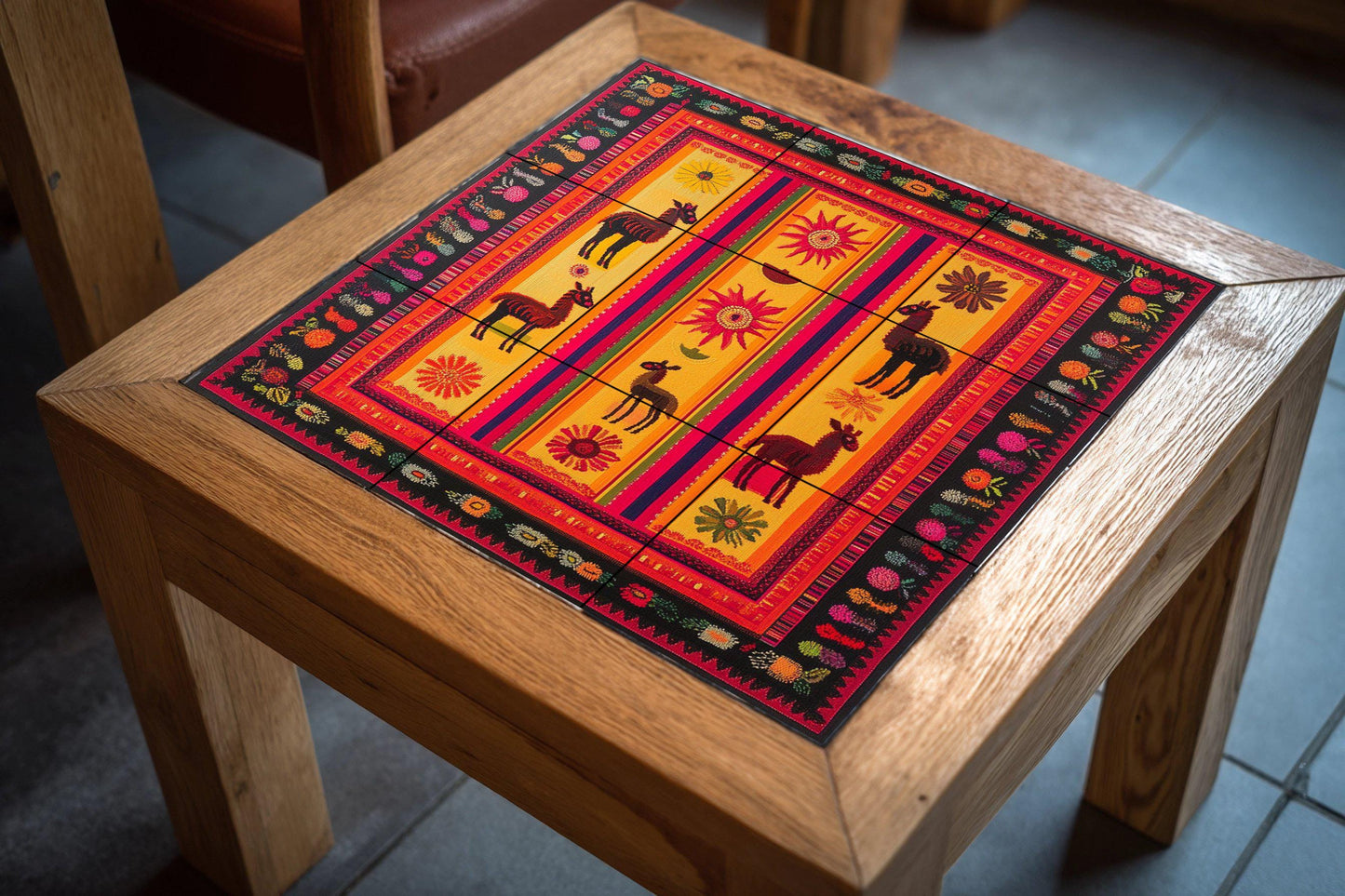 Ceramic mural of llamas and vibrant sun: Andean-inspired mural art in vibrant shades of red, orange, and gold.