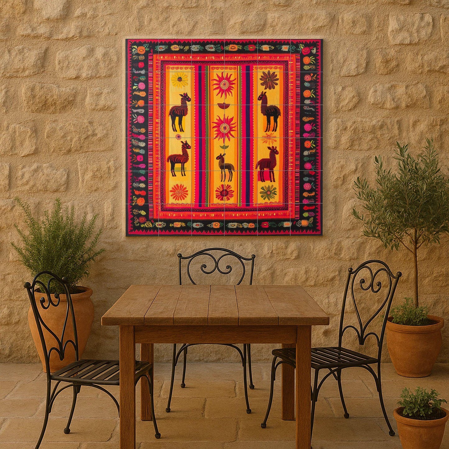 Ceramic mural of llamas and vibrant sun: Andean-inspired mural art in vibrant shades of red, orange, and gold.