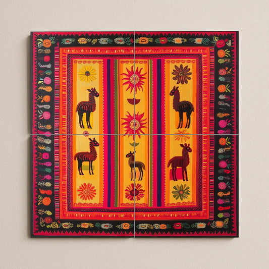 Ceramic mural of llamas and vibrant sun: Andean-inspired mural art in vibrant shades of red, orange, and gold.