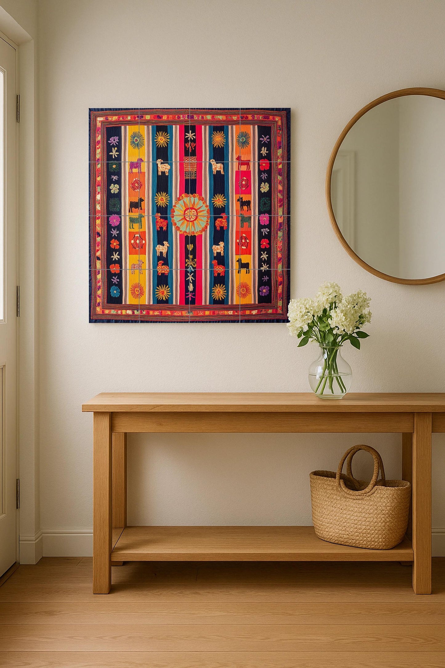 Ceramic mural from Otavalo, Ecuador: Tile art inspired by Andean textiles with llamas, solar motifs and colorful symmetry.