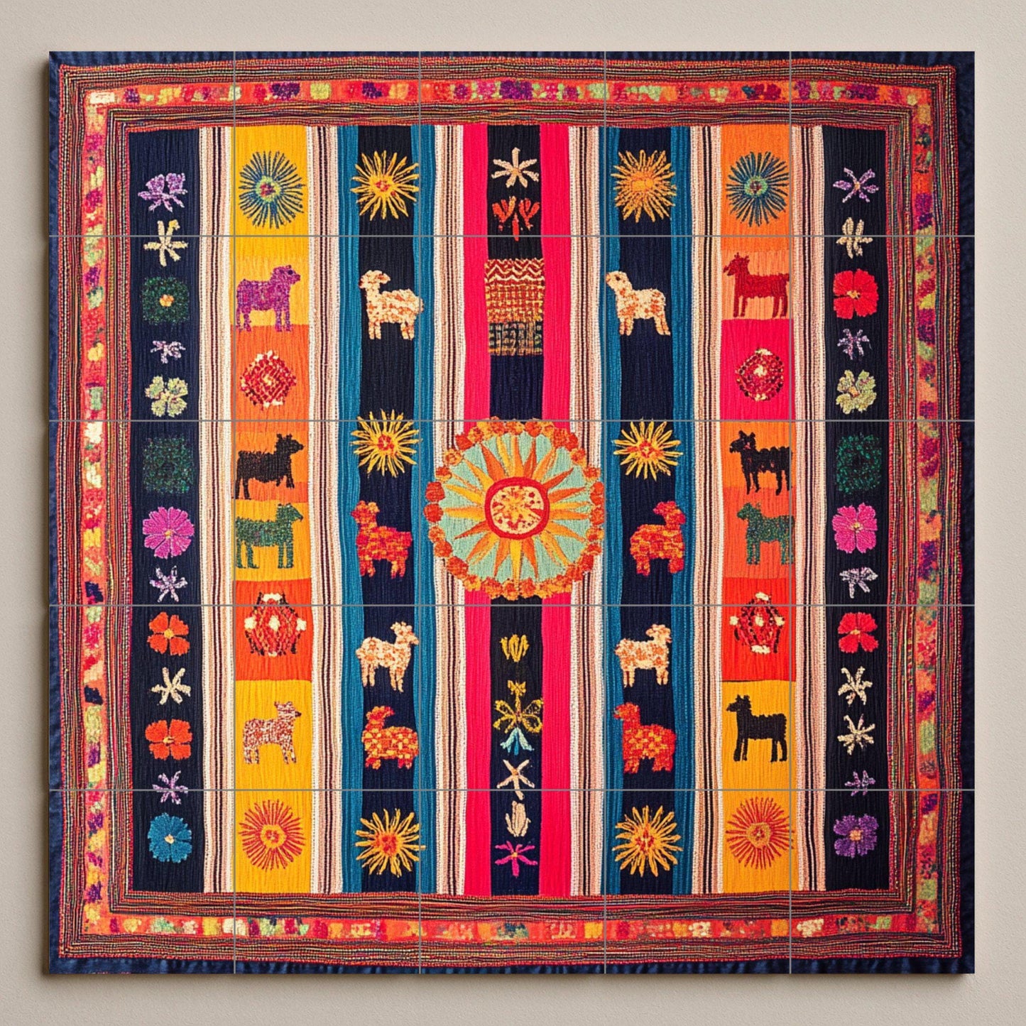 Ceramic mural from Otavalo, Ecuador: Tile art inspired by Andean textiles with llamas, solar motifs and colorful symmetry.