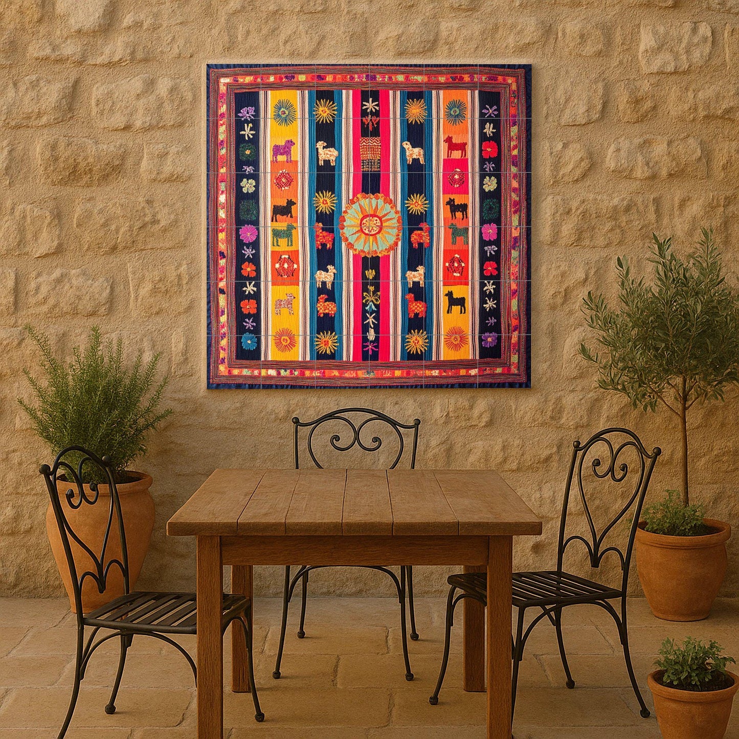 Ceramic mural from Otavalo, Ecuador: Tile art inspired by Andean textiles with llamas, solar motifs and colorful symmetry.